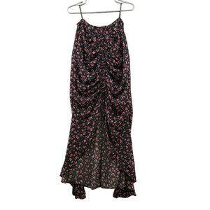 TRAC Split Frontโ Midi Dress Cami Slip Black Floral Ruched Size M Boho Chiffon
